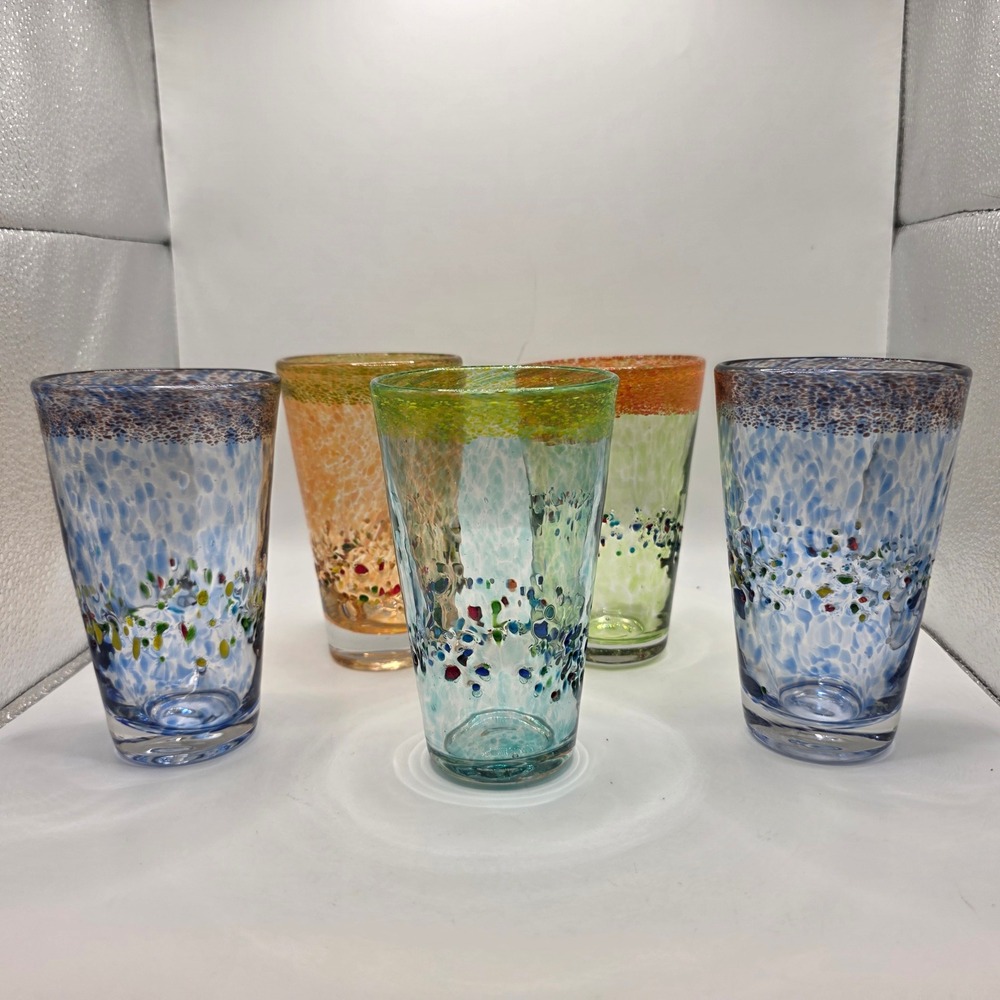 Hand Blown Confetti Glass Tumblers Set of 5 Multi Color Splatter Frit Drinking